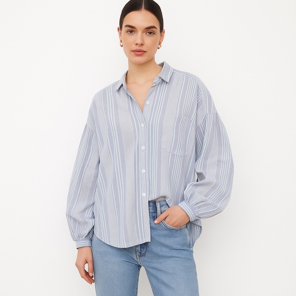 BDG Urban Outfitters Striped Cotton Oversized Open Back Coastal Grandma Shirt M - Picture 2 of 13